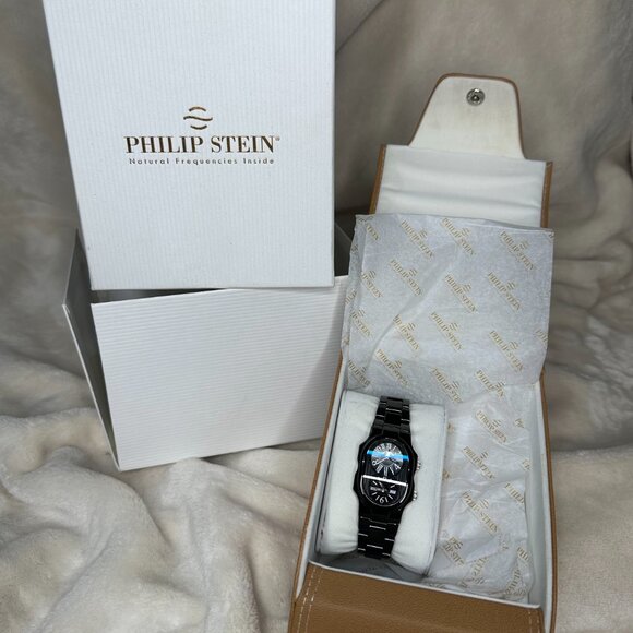 Philip Stein Dual Time Black Ceramic Watch - Natural Frequency Tech - Like-New - Picture 2 of 7